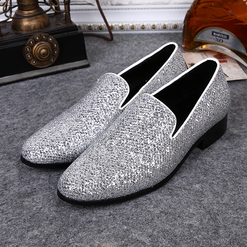 Christia Bella New Fashion Men Party Wedding Handmade Loafers Men Genuine Leather Shoes Silver Dress Shoes Slip on Men's Flats