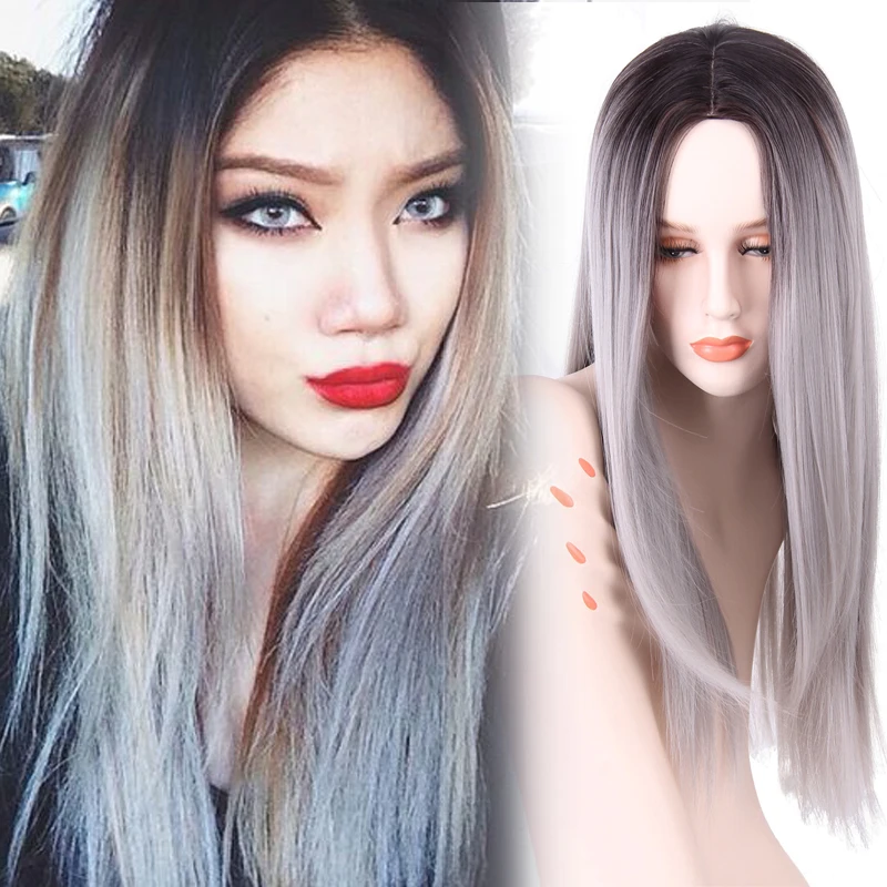 

Grey Ombre Wig Long Straight Ombre Wig False Hair Synthetic Wigs for Black Women 26" Long Straight Natural  Cheap Wigs for Women