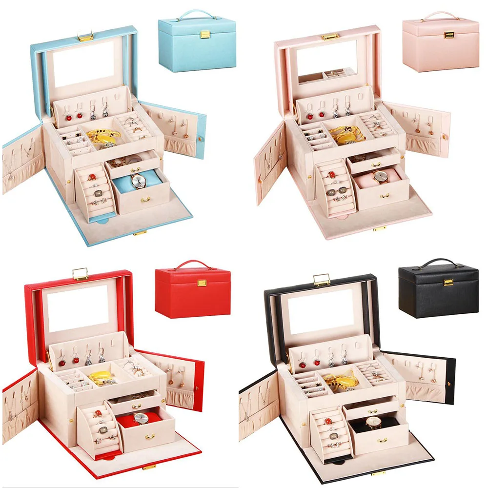 

SZanbana 3-Layer Deluxe Synthetic Faux Storage Lockable PU Leather Mirrored Necklace Case Organizer Bracelet Holder Jewelry Box