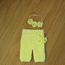 Красивое кружево кроше ручная работа для малышей 3 цветок лента для волос с желтыми штанами детские костюмы для новорожденных фотографии реквизит хлопок