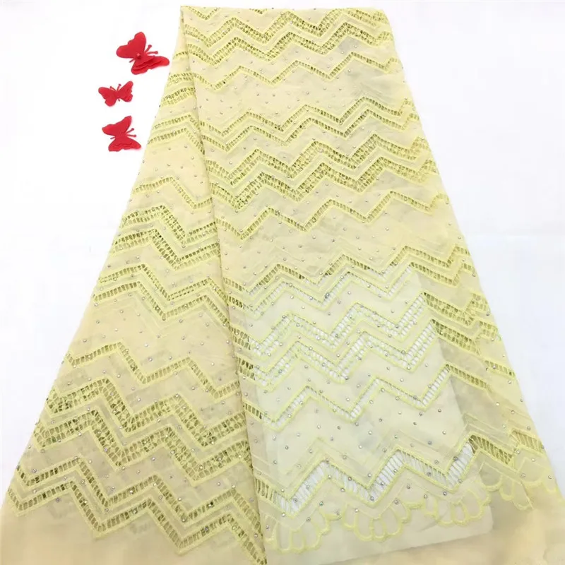 

HFX Yellow Nigerian Velvet Dress Tulle Net Lace Fabric 2018 High Quality Lace Rhinestones French Lace Fabric For Wedding X1146-5
