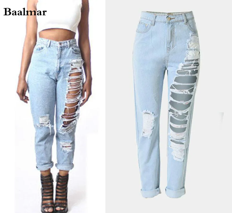 Baalmar Casual Hollow Out Blue Denim Jeans Capris Vintage Summer Hole Ripped Jeans Female Cool Boyfriend