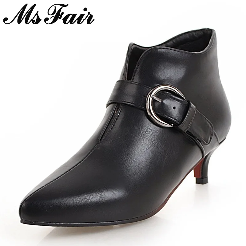 

MSFAIR Women Boots Fashion Metal Buckle Ankle Boots Women Shoes Pointed Toe Thin Heels Boot Shoes Short Plush Boots For Girl