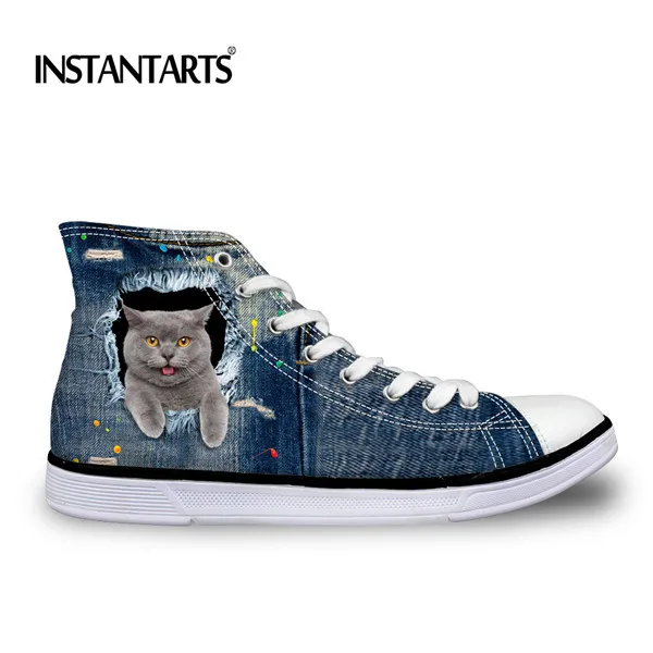 INSTANTARTS/Мужская Вулканизированная обувь с высоким берцем; милая джинсовая классическая мужская парусиновая обувь на шнуровке с 3D-принтом кота; модные кроссовки - Цвет: CA4916AK