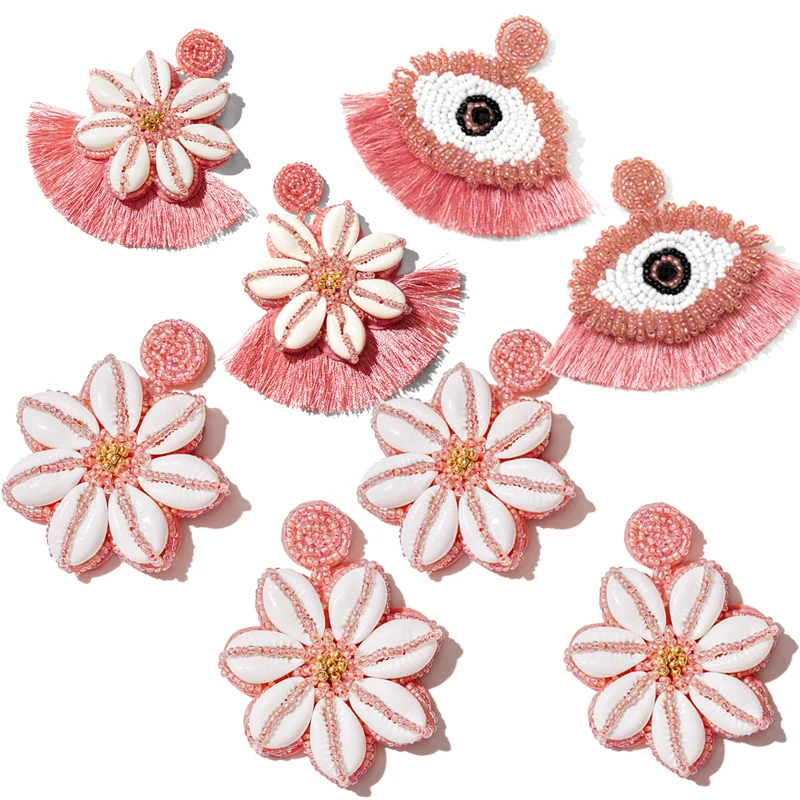 

2019 Bohemian Flower Pink Weaving Seashell Long Drop Earrings for Women Fashion Beads Tassel Earrings Statement Jewelry