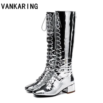 

VANKARING female brand women shining punk rivets boots patent leather knee high boots black silver high heels knight boots woman