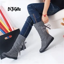 DIJIGIRLS/ г. Новые Модные женские ботинки Осенняя обувь со шнуровкой, однотонные ботинки до середины икры на Плоском Каблуке из PU искусственной кожи женская обувь