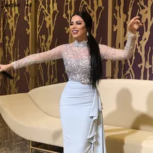 Дубай класса люкс с v-образным вырезом серебряные пикантные вечерние платья с длинным рукавом с бисером и бахромой вечерние платья Serene Hill LA70019