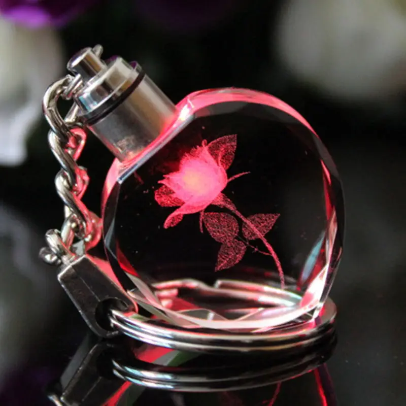 Rose Flower Crystal Keychain With Led Light Keychains Glowing Luminous Crystal Rose Heart Trinket Key Chains Colorful Key Rings
