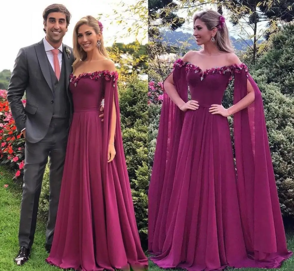 

Saudi Arabia Purple Chiffon Evening Dresses 2019 Off Shoulder Long Red Carpet Celebrity Formal Prom Party Gowns for Women Wear