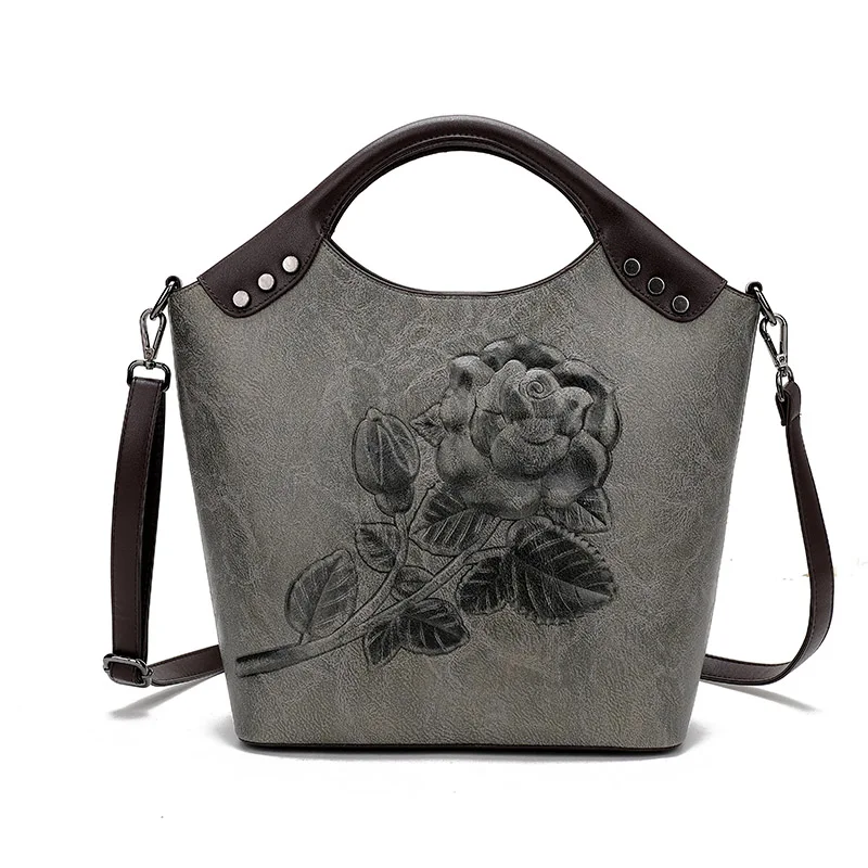 Брендовая женская сумка с принтом розы, женская сумка-тоут из высококачественной кожи, большая Вместительная женская сумка на плечо, роскошная сумка-мессенджер для женщин - Цвет: Gray