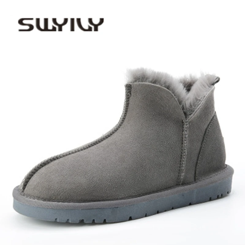 

SWYIVY Snow Boots Female Genuine Leather Wool Fur 2018 Winter Warm Snowboots Woman Slip On Ankle Boots Flat Australia Snow Boots