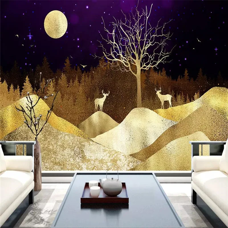 Custom Mural Wallpaper New Chinese Abstract Golden Landscape Wealth Tree Elk Background Wall