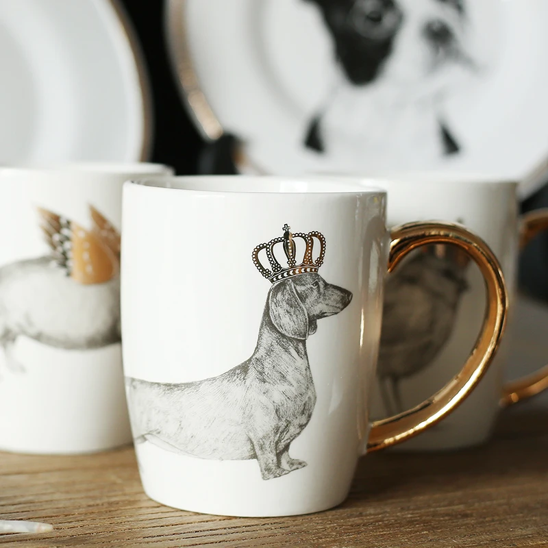 Чайные кофейные кружки керамические креативные короны животные сок молоко кружка домашний декор фарфор подарок на день рождения такса собака чашка с изображением птиц