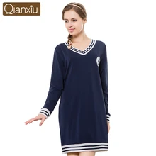 Qianxiu 2016 Knitted cotton Women Nightgown Sleepwear Autumn Long-sleeved Lounge Sleepshirt Stripe V-neck Nightdress Soft Nighty