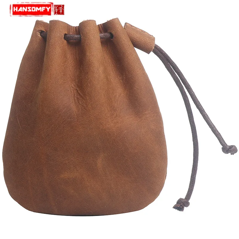 

Handmade original crazy horse leather coin purse retro wallet pure genuine leather coin bag drawstring beam mouth Headset bag