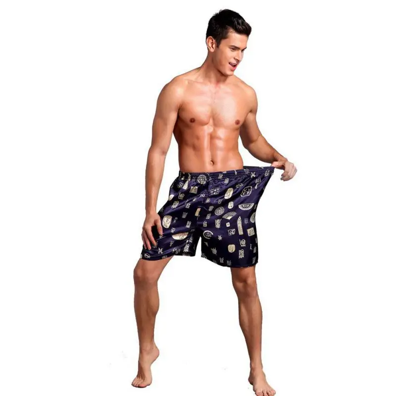 S-2XL мужские шорты искусственный шелк пляжные шорты мужские домашние шорты с принтом Свободные повседневные шорты до колена боксеры и брюки