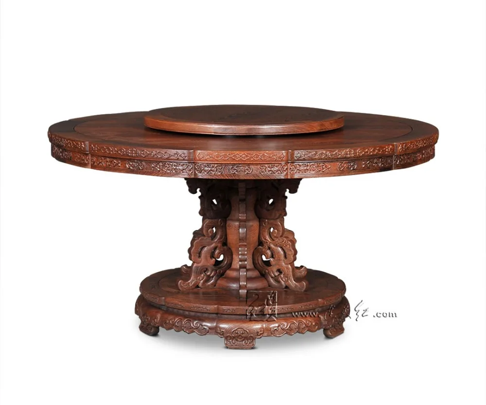 Single-leg Round Tables Furniture sets with Turntable Rosewood 8 chairs Diving Room 1.5M Coffee Desk Antique Solid Wood Armchair