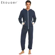 Ekouaer мужской пижамный комплект onesies Пижама флис с капюшоном с длинным рукавом на молнии пэчворк размера плюс цельные пижамы S-XXL