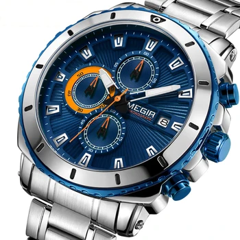 

MEGIR Men's Watch Big Dial Business Sports Fashion Watch Waterproof Multi-Function Steel Belt Quartz Watch Auto Date Luminous