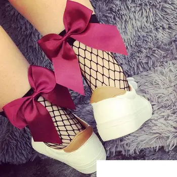 

Women Short Socks Girls Sexy Black Hollow Out Mesh Fishnet Socks Ribbon Butterful Knot Female Hosiery Fashion Cute Ankle Socks