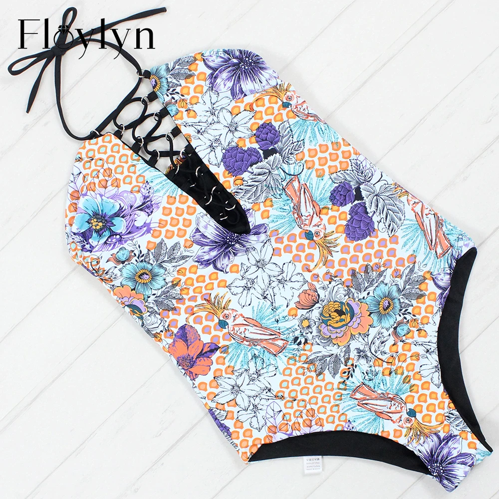 

Floylyn Sexy One Piece Swimwear Women Push Up New Double Sided Bathing Suit Hipster Floral Print Bandage Brazilian Swimsuit