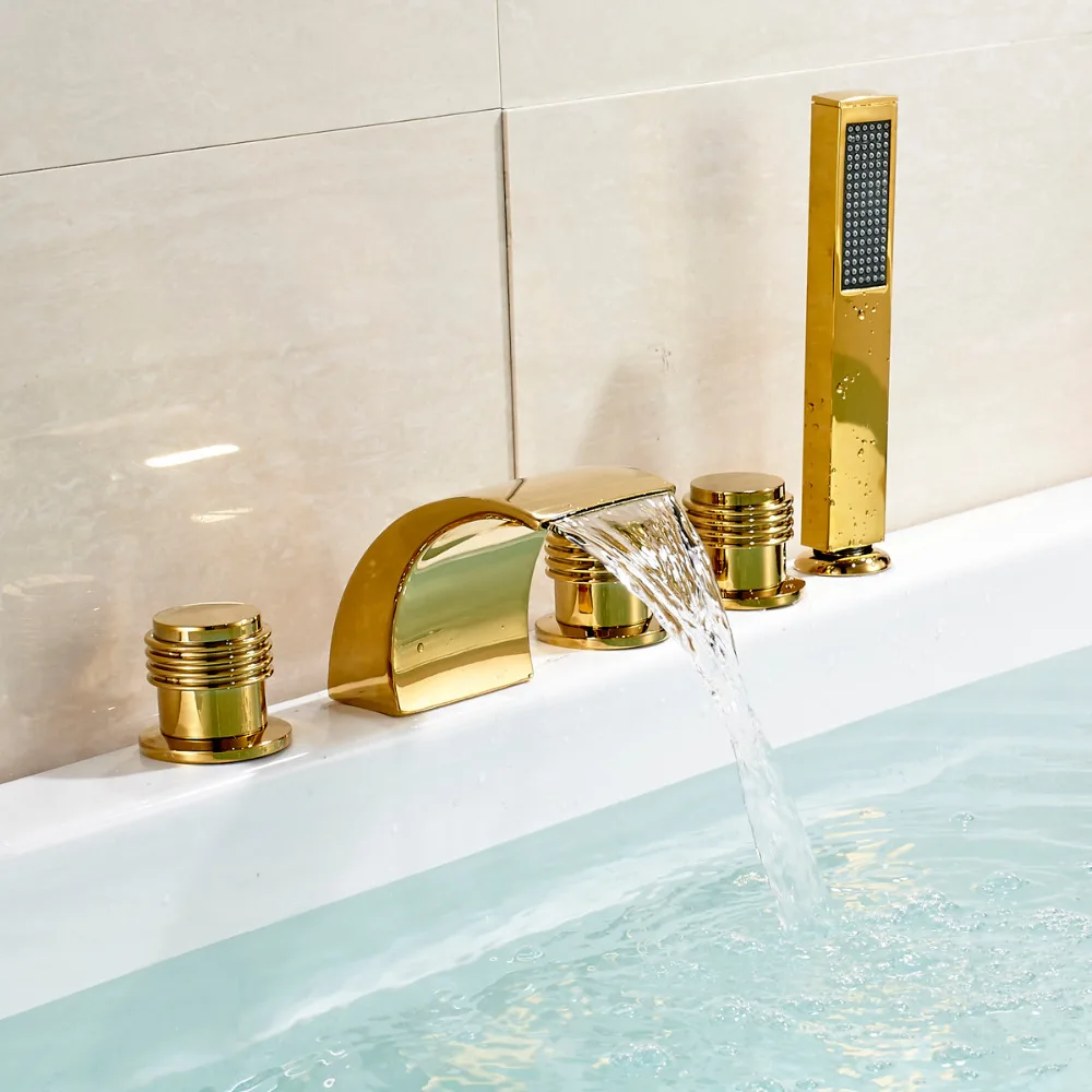 Ванная комната 5 отверстий кран для ванны, душа каскадный смеситель золото Отделка