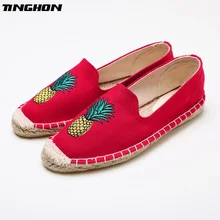 Модные Этнические Повседневное эспадрильи ананас вишня плоским Для женщин Весна Печатных вышивать скольжения на рыбаков пеньковая веревка обуви