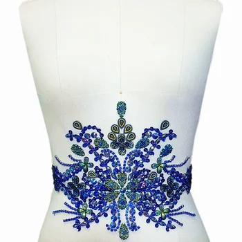 

HANDMADE Beaded Diy Royal Blue Crystal Sew on Rhinestone Clothes Applique Patches Design For Waist Belt Wedding Dress Decoration