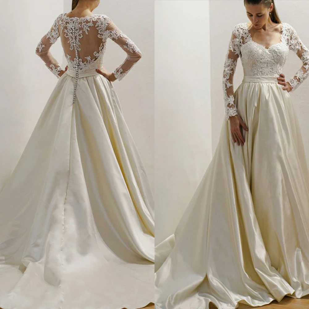 

Bbonlinedress Sweetheart A Line Wedding Dress 2019 Champagne Satin Bridal Gowns with Lace Appliques Court Train Brautkleider