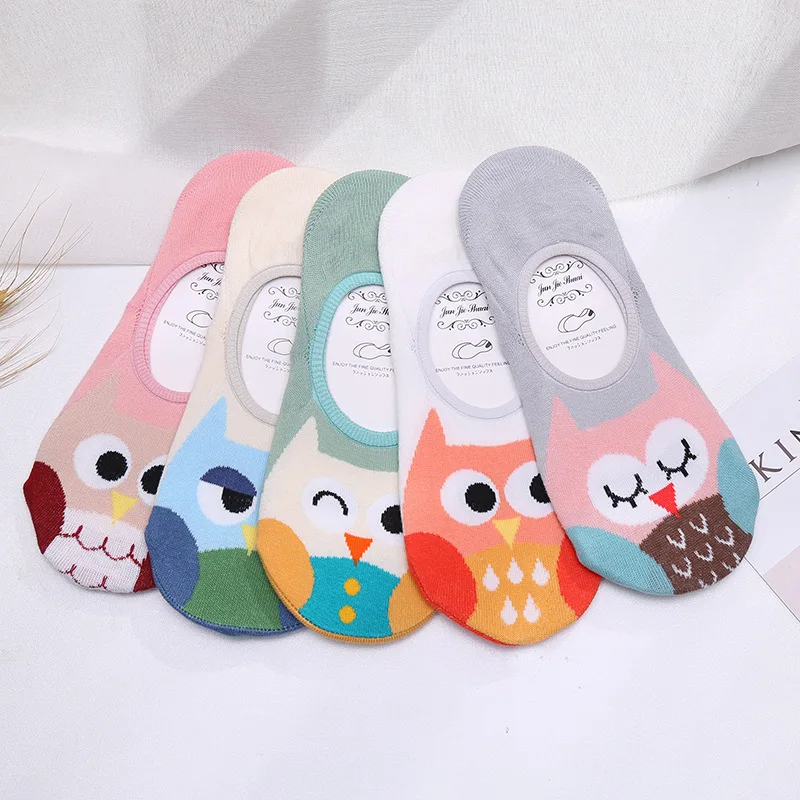 

% 1pair/pack 3d Emoji Summer Cute Cartoon Owl Silicone Antiskid Invisible Socks Ankle Cotton Socks Women Boat Sock Slippers