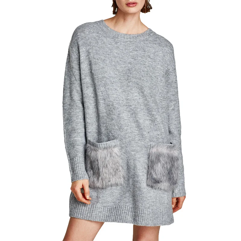 

2017 winter dress casual patchwork womens clothing knitted sweater dress long sleeve women dress gray loose dress