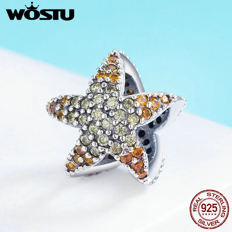 

WOSTU 100% Real 925 Sterling Silver Yellow CZ Ocean Starfish Star Beads For Original Brand Charm Bracelet Fine Jewelry FIC586