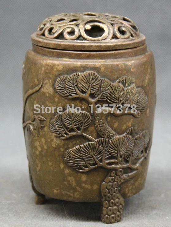 

shitou 00587 5" Marked Chinese bronze round bamboo Hollow Out Incense Burner Censer