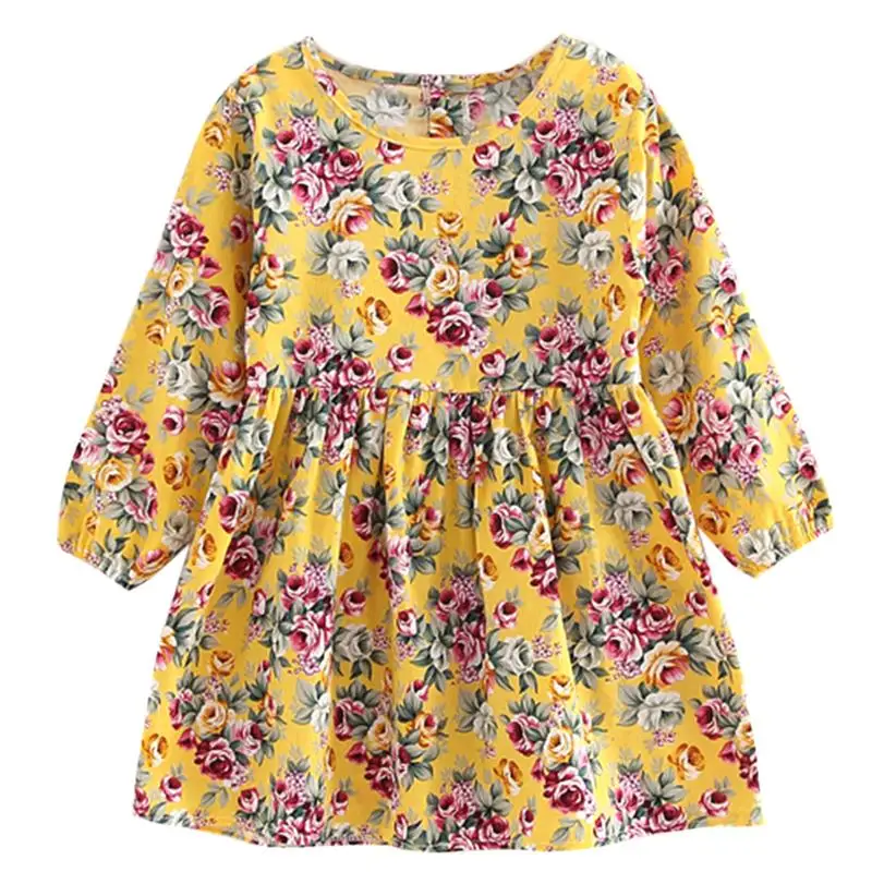 Весенне-летнее платье для маленьких девочек; платье принцессы трапециевидной формы с длинными рукавами, круглым вырезом и цветочным принтом; детская одежда для маленьких девочек; платья - Цвет: Цвет: желтый