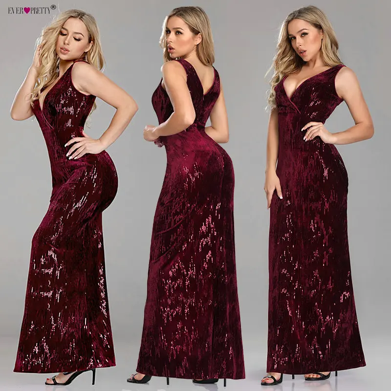 

Burgundy Prom Dresses Long Elegant A Line V Neck Backless Sequined Formal Party Gowns Ever Pretty EP07506BD Vestidos De Fiesta
