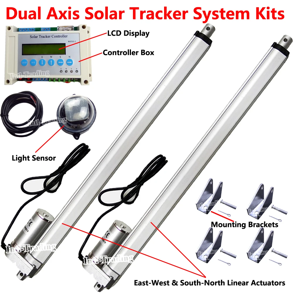 ЖК-дисплей двойной оси панели солнечных батарей отслеживающий трекер наборы W/1" линейный привод 330lbs DC мотор W/контроллер W/светильник с датчиком W/кронштейны