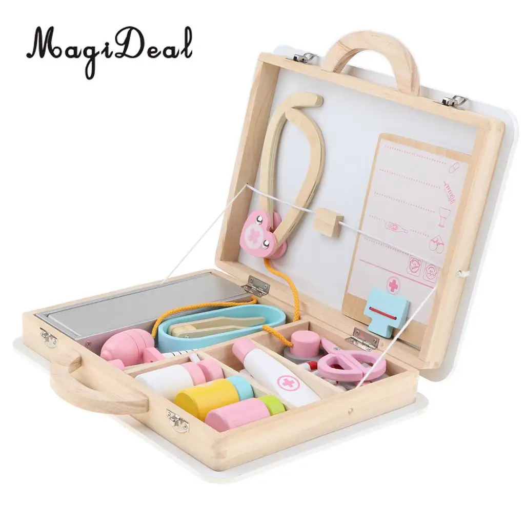 15 Pieces Wooden Medical Kits Box Carry Case Doctor Nurse Game Role Playing Set Kids Toy Educational