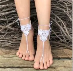 1 Pairs Trendy Handmade Crochet Barefoot Sandals Beach Yoga Anklet Jewelry Geometric Pattern Bridal Wedding Anklet Accessories - Color: white