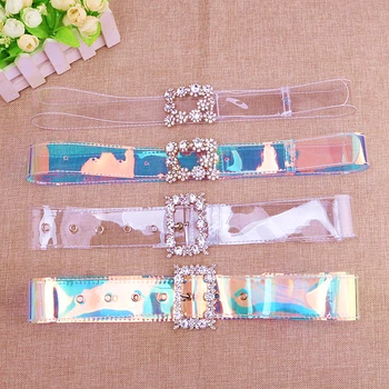 

New Flash Drill Laser Transparent Wide Belt Women Inlaid Square Buckle Fashion Chic Plastic Waistband Multi Belt