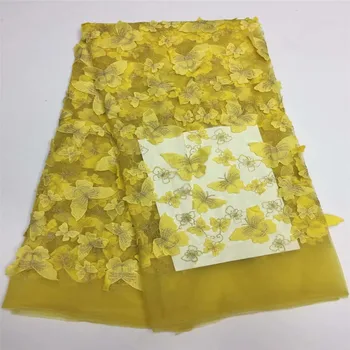 

3D African Flower Embroidered Tulle Lace, African Lace Fabric 2018 High Quality Lace Powder yellow HJ272-1