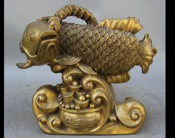 

zhmui88006437<<++13" Chinese Brass animal treasure bowl Wealth barracuda Fish sculpture Statue