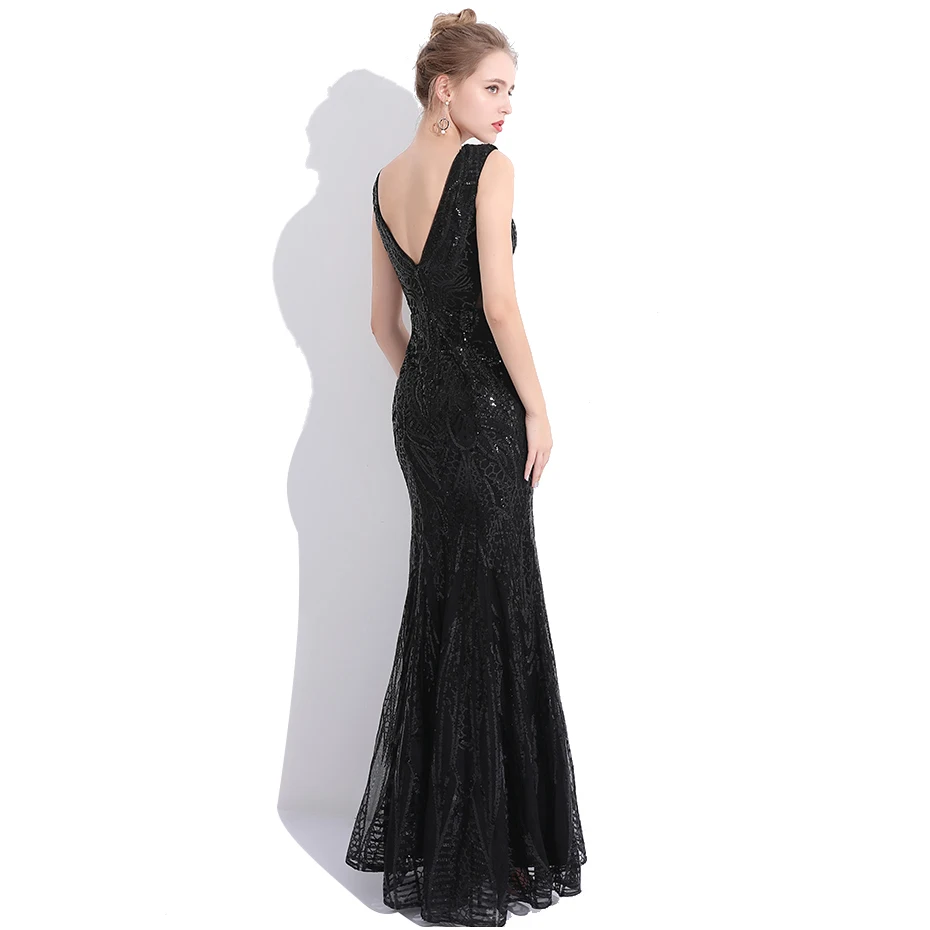 CEEWHY V Neck Black Abendkleider Vestido de Festa Sequined Prom Dresses Mermaid Evening Dress Long Prom Party Gown Real Photos
