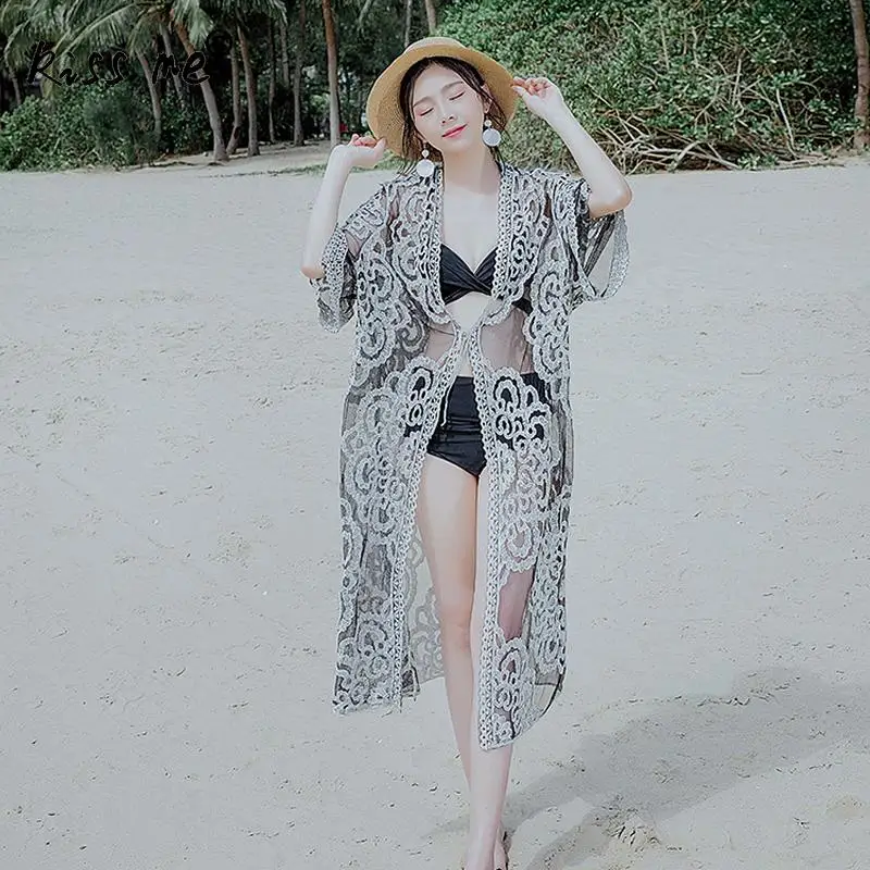

Lace Patchwork Female Long Cardigan Black Sexy Beach Cover Up Women's Tunic Transparent Beachwear Summer Women Loose Cover-Ups