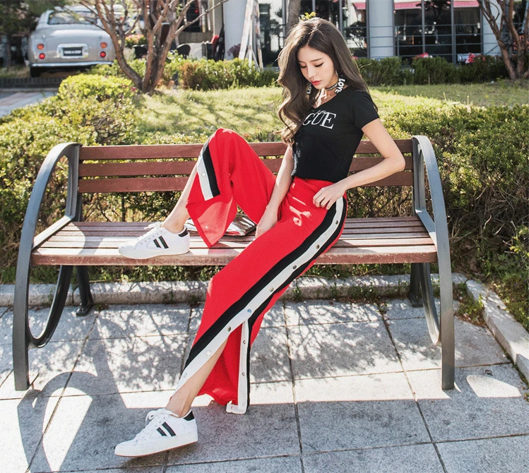

2019 Summer Thin Silk Broad Leg Trousers Women Side Fork Red Sports Uniform Trousers Loose Waist Thin Trousers Pants Women