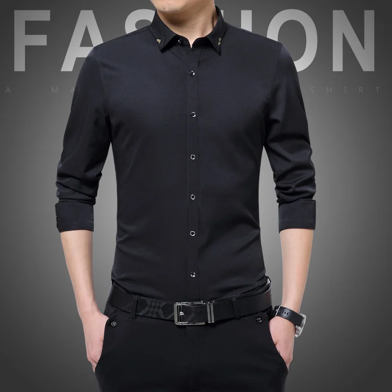 Новое поступление, мужская рубашка, Модная приталенная Мужская рубашка с длинными рукавами, осенняя блузка, мужские повседневные рубашки 5XL Camisa Masculina - Цвет: black