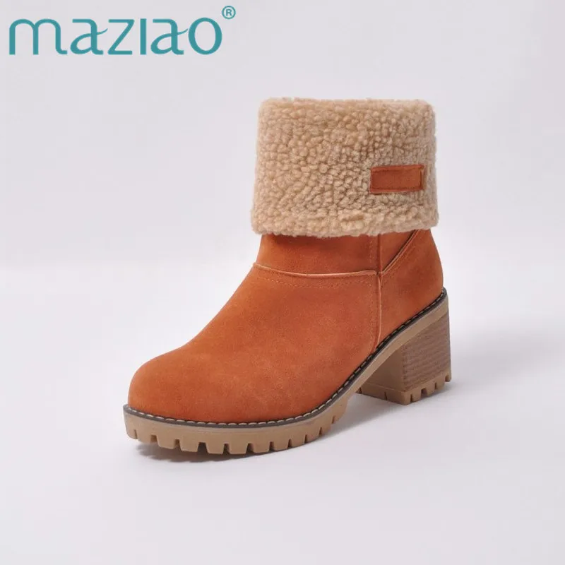 

MAZIAO Brand Women Boots Female Winter Shoes Woman Fur Warm Snow Boots Fashion Square High Heels Ankle Boots Black Green Boots