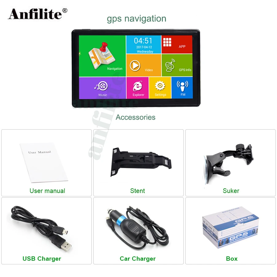 Anfilite 7 inch HD Capacitive screen 800*480 Android Bluetooth WIFI Truck Vehicle 512M 16GB gps navigation with sunshade
