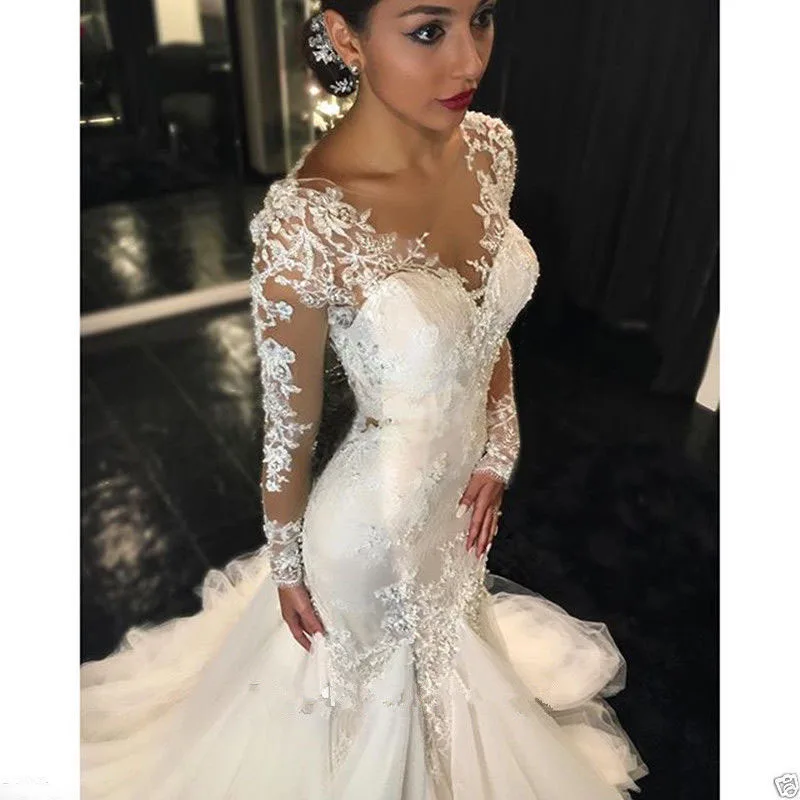 

Vivian's Bridal V Neck Illusion Back Trumpet Bridal Dress Lace Applique Long Sleeve Floor-length Zipper Customized Wedding Dress