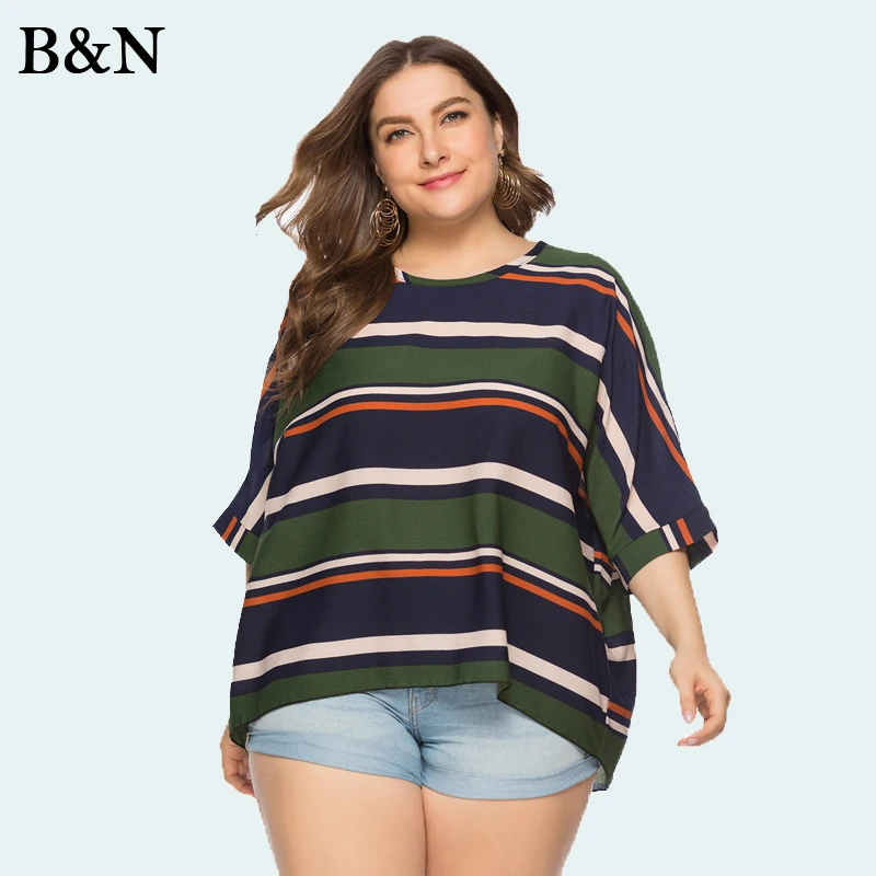 

Large Size Female T-shirt Over Size Women Clothing Loose Tops Short Sleeve Tees Casual Stripe Summer Clothes Outerwear Shirt